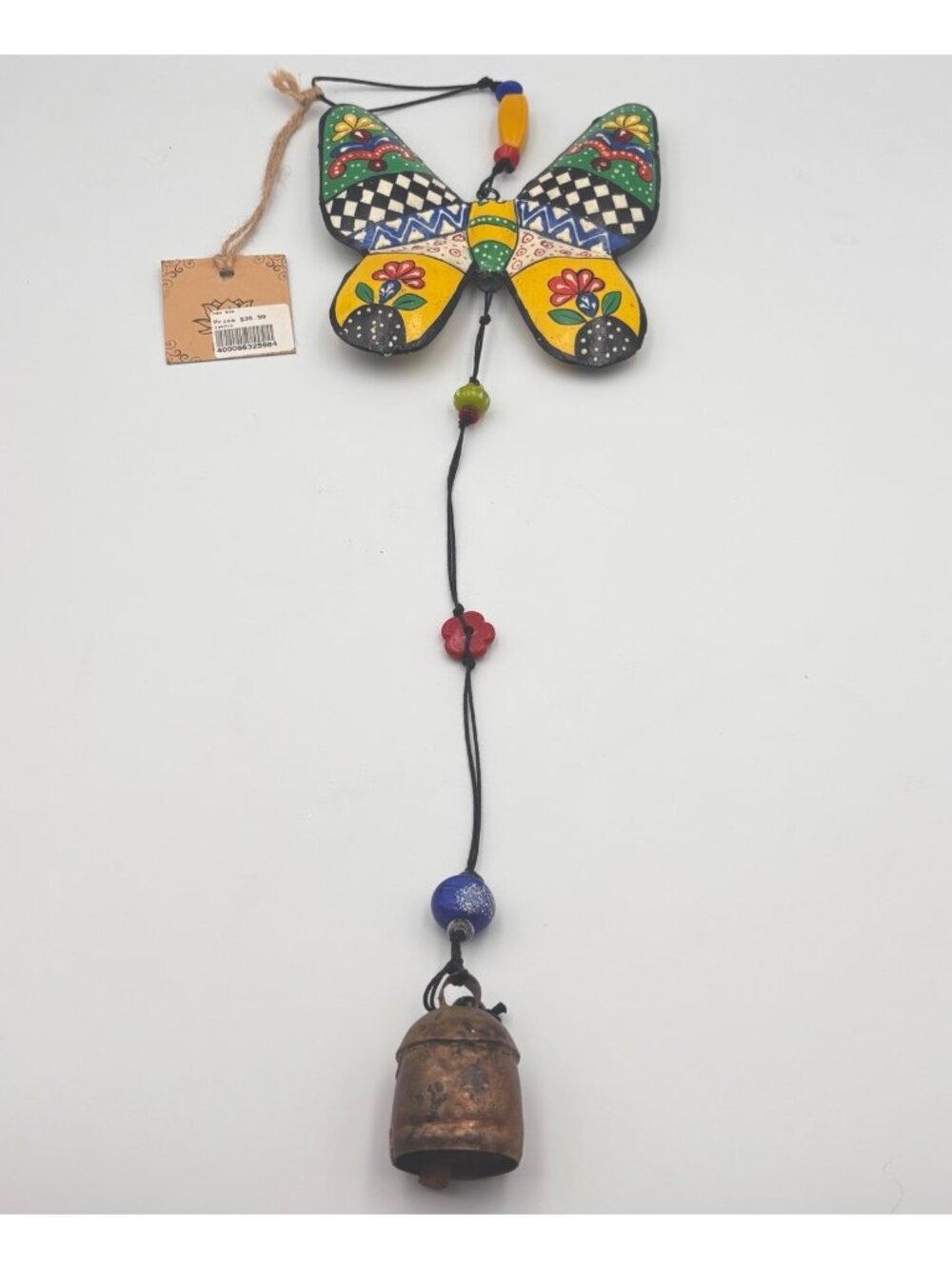 Handmade Painted Floral Butterfly Wind chime iron 21 inches long glass beads